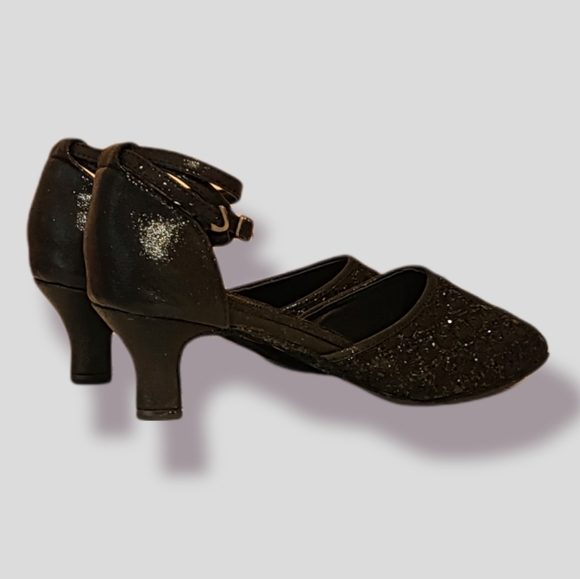 Italian Small Heel Sparkly Black Dance Shoes with Ankle Strap and Buckle - Picture 9 of 9